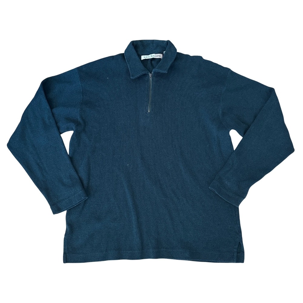 NATURALIFE Mens Large Dark Green Quarter Zip Pullover Sweater Casual Relaxed Fit